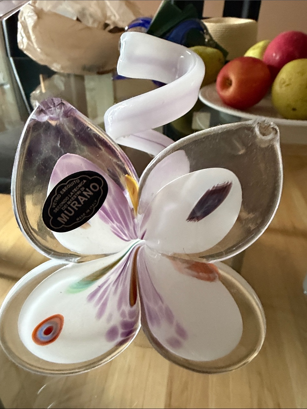 Murano White Glass Butterfly with Purple Accents and Millefiori